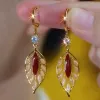 Fashionable red golden branch and jade leaf retro ear buckles, new S925 sterling silver needle, high-end Hong Kong-style light luxury earrings and earrings 0029 accessories Item Picture